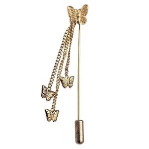 Sterling Silver Vermeil Butterfly Lapel Stick Pin, Charm Chain Dangles C678
